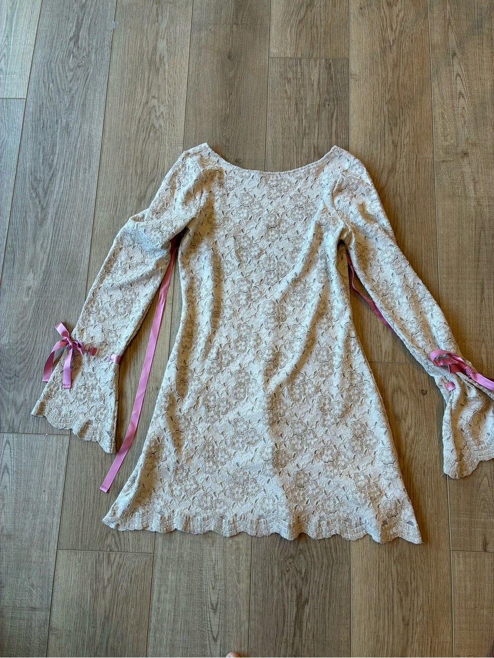 Kimchi Blue Ivory Lace Long-Sleeve Mini Dress Pink Ribbon Ties Fairy Princess M
